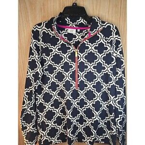Crown & Ivy BEACH- NAVY Blue& WHITE ZIPPER HIGH Neck Blouse Zipper Med